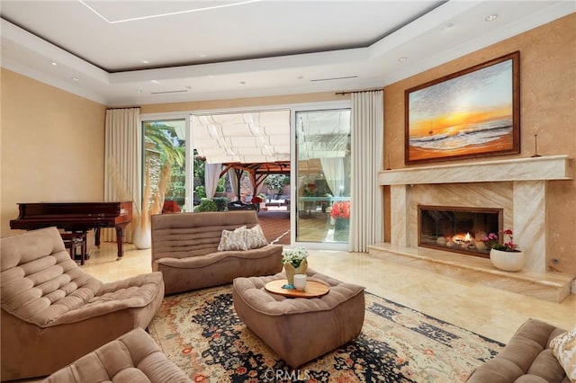 24182 Torena Cir, Mission Viejo, CA 92691 - living room with a raised ceiling, a premium fireplace, and recessed lighting