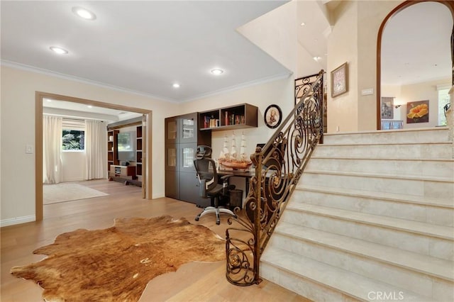 24182 Torena Cir, Mission Viejo, CA 92691 - stairs featuring crown molding, wood finished floors, recessed lighting, and baseboards