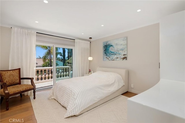 24182 Torena Cir, Mission Viejo, CA 92691 - bedroom featuring recessed lighting, light wood-style floors, access to outside, and ornamental molding