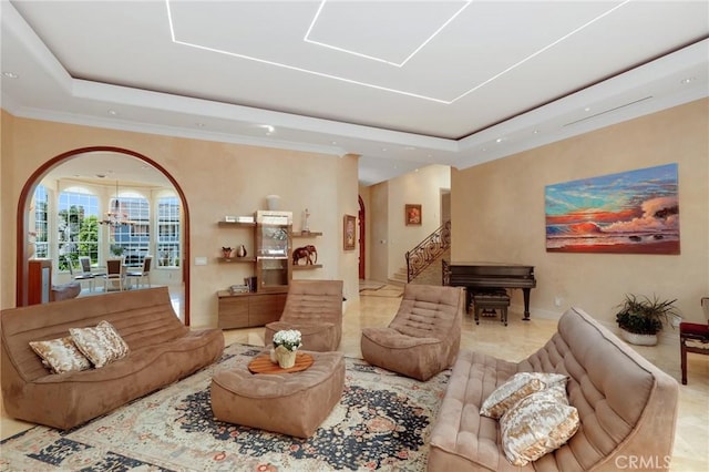 24182 Torena Cir, Mission Viejo, CA 92691 - living room featuring a tray ceiling, stairway, recessed lighting, baseboards, and ornamental molding