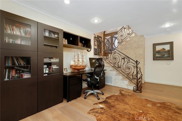 24182 Torena Cir, Mission Viejo, CA 92691 - office featuring ornamental molding, light wood finished floors, baseboards, and recessed lighting