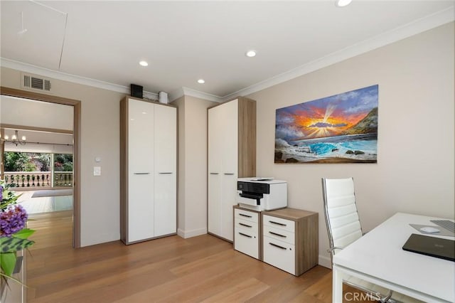 24182 Torena Cir, Mission Viejo, CA 92691 - office area with light wood-type flooring, ornamental molding, recessed lighting, and a chandelier