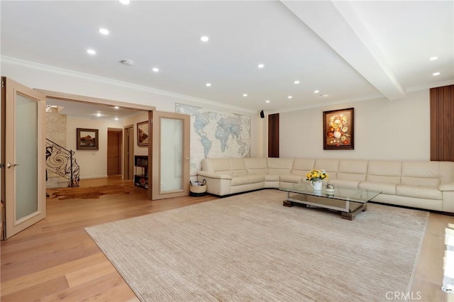 24182 Torena Cir, Mission Viejo, CA 92691 - living area featuring ornamental molding, light wood-type flooring, recessed lighting, and baseboards