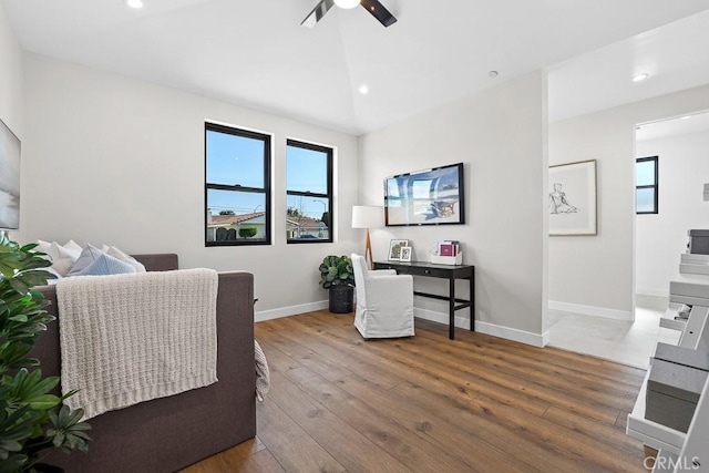office area with a ceiling fan, hardwood / wood-style flooring, baseboards, and recessed lighting