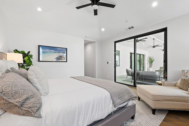 11221 Davenport Rd, Rossmoor, CA 90720 - bedroom featuring access to exterior, wood finished floors, recessed lighting, and ceiling fan