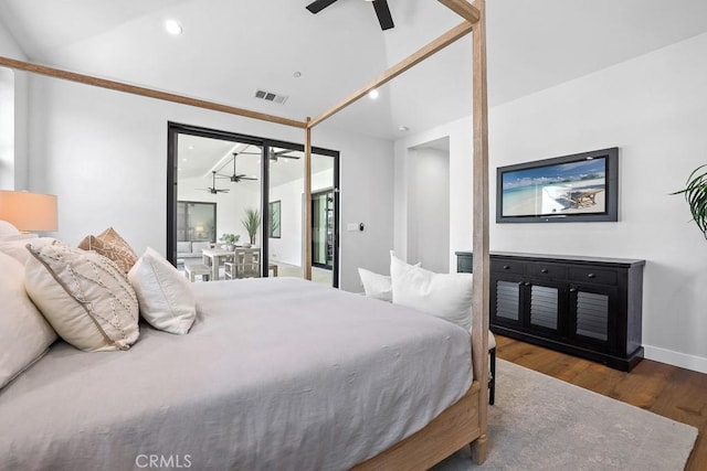 bedroom featuring wood finished floors, access to exterior, recessed lighting, ceiling fan, and baseboards