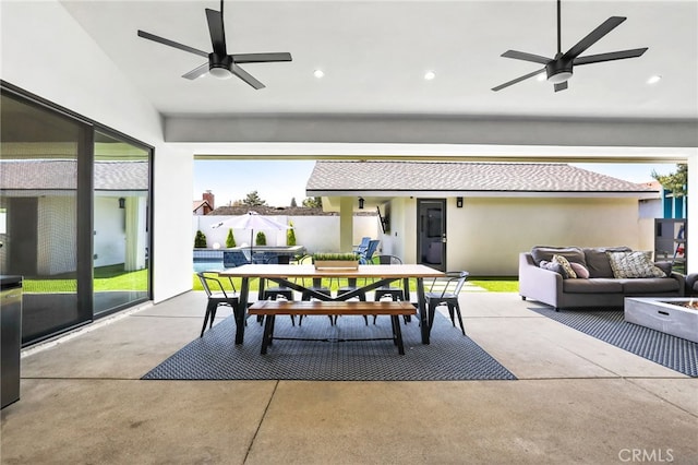 11221 Davenport Rd, Rossmoor, CA 90720 - view of patio featuring a ceiling fan, an outdoor hangout area, and outdoor dining space
