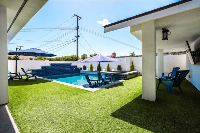 11221 Davenport Rd, Rossmoor, CA 90720 - view of swimming pool featuring a fenced backyard, a pool with connected hot tub, and a patio