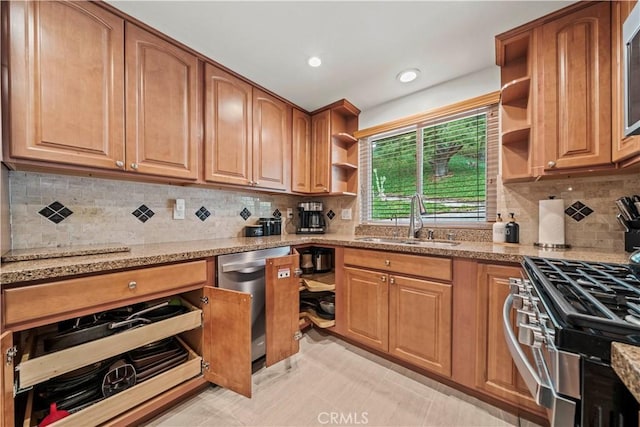 19439 Oak Crossing Rd, Newhall, CA 91321 - kitchen featuring open shelves, appliances with stainless steel finishes, decorative backsplash, light stone counters, and recessed lighting