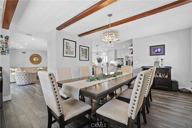 835 S Terri Ann Dr, West Covina, CA 91791 - dining area with wood finished floors, beam ceiling, a chandelier, recessed lighting, and baseboards