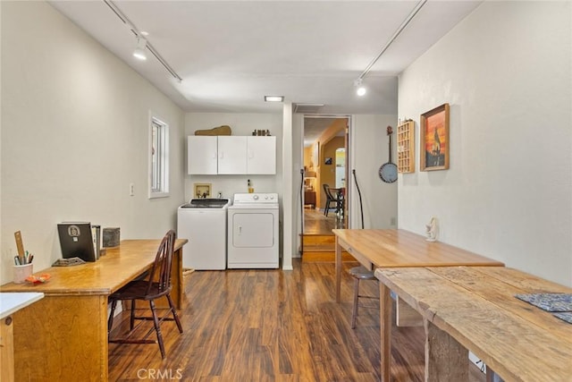 297 Connors Ave, Chico, CA 95926 - kitchen with track lighting, separate washer and dryer, dark wood-type flooring, white cabinets, and light countertops