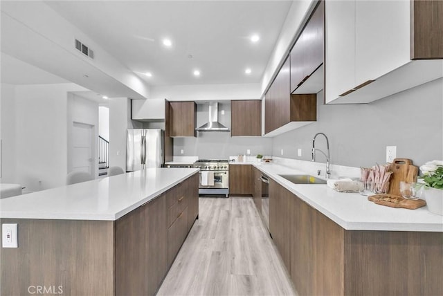 689 Castlehill Dr, Walnut, CA 91789 - kitchen with appliances with stainless steel finishes, modern cabinets, a sink, wall chimney exhaust hood, and a large island