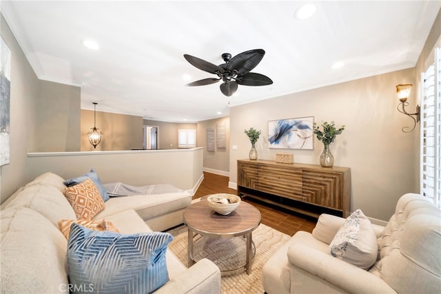 417 Via Presa, San Clemente, CA 92672 - living room with recessed lighting, baseboards, a ceiling fan, and crown molding