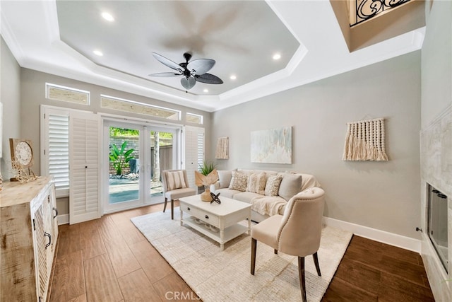 417 Via Presa, San Clemente, CA 92672 - living area with a raised ceiling, french doors, wood finished floors, ceiling fan, and recessed lighting