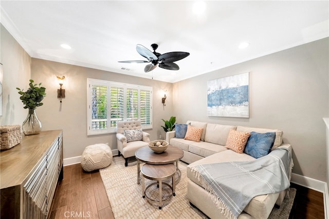 417 Via Presa, San Clemente, CA 92672 - living room featuring wood finished floors, ceiling fan, baseboards, recessed lighting, and crown molding