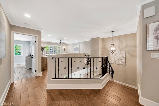 417 Via Presa, San Clemente, CA 92672 - hall with an upstairs landing, wood finished floors, baseboards, a chandelier, and recessed lighting