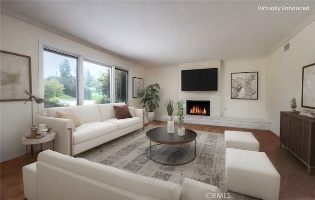 645 Alta Loma Dr, Redlands, CA 92373 - living room with a brick fireplace and ornamental molding