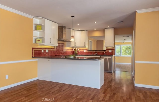 645 Alta Loma Dr, Redlands, CA 92373 - kitchen featuring wall chimney range hood, dishwasher, a peninsula, dark countertops, and open shelves