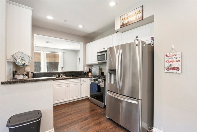 27435 Larabee Ct Unit 2, Murrieta, CA 92562 - kitchen with appliances with stainless steel finishes, a sink, white cabinetry, recessed lighting, and dark wood finished floors