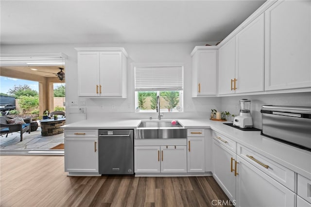 2569 Pasture Gln, Escondido, CA 92029 - kitchen with a sink, dishwasher, white cabinetry, and dark wood-style flooring