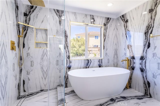 17195 Summit Hills Dr, Canyon Country, CA 91387 - bathroom featuring marble tiled floors, a marble finish shower, and a freestanding tub