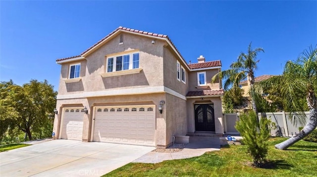 17195 Summit Hills Dr, Canyon Country, CA 91387 - view of front of property featuring an attached garage, stucco siding, a tiled roof, a chimney, and driveway