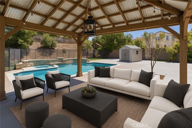 17195 Summit Hills Dr, Canyon Country, CA 91387 - view of swimming pool with a gazebo, an outdoor hangout area, a fenced backyard, and a patio