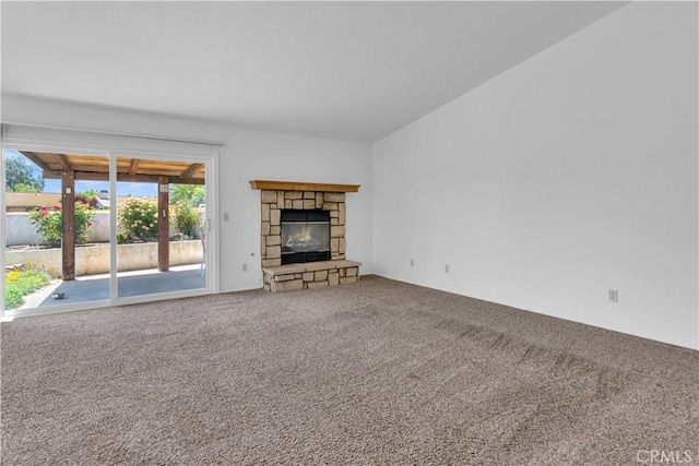 904 Torrey Pines Dr, Paso Robles, CA 93446 - unfurnished living room with carpet floors and a stone fireplace