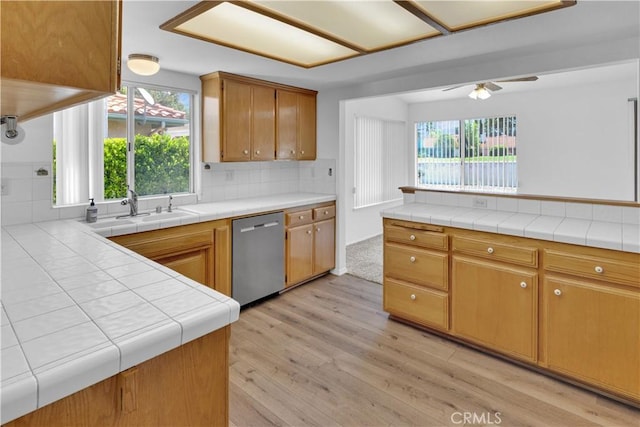 904 Torrey Pines Dr, Paso Robles, CA 93446 - kitchen featuring dishwasher, a sink, ceiling fan, light wood-type flooring, and backsplash