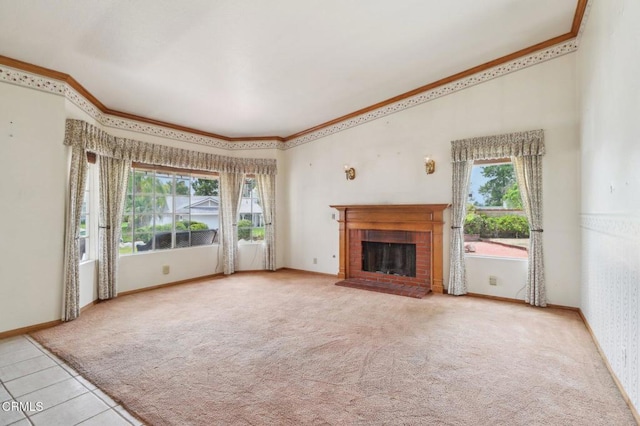 22573 Honnold Dr, Santa Clarita, CA 91350 - unfurnished living room with ornamental molding, carpet, a fireplace, and baseboards