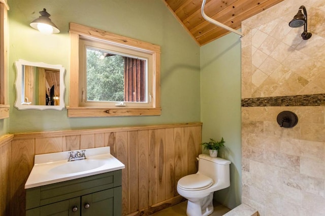 21932 Crestline Rd, Palomar Mountain, CA 92060 - full bath with wooden ceiling, lofted ceiling, tiled shower, toilet, and vanity