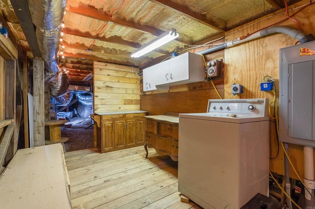 21932 Crestline Rd, Palomar Mountain, CA 92060 - washroom featuring washer / dryer, cabinet space, electric panel, light wood finished floors, and wooden walls