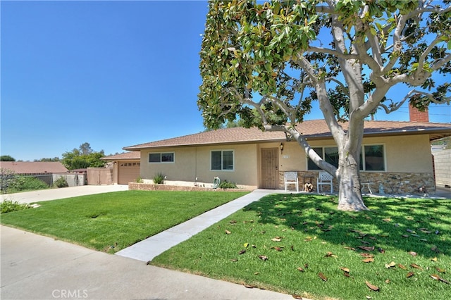single story home featuring stucco siding, concrete driveway, an attached garage, and a chimney