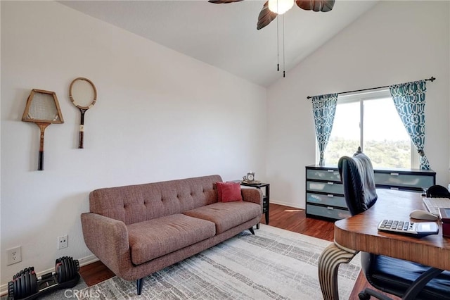 25552 Paseo La Vis Unit 20, Laguna Niguel, CA 92677 - home office featuring wood finished floors, ceiling fan, baseboards, and high vaulted ceiling