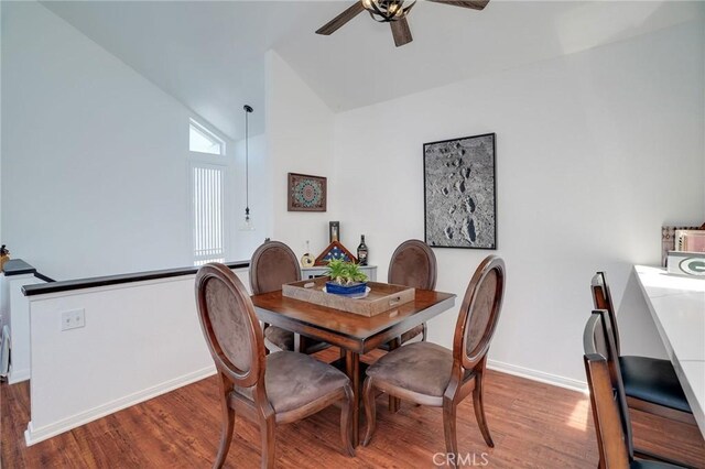 25552 Paseo La Vis Unit 20, Laguna Niguel, CA 92677 - dining space featuring a ceiling fan, wood finished floors, lofted ceiling, and baseboards