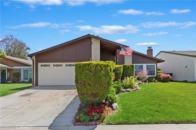 7030 Idyllwild Ln, Riverside, CA 92503 - mid-century home featuring a front lawn, a garage, driveway, and a chimney