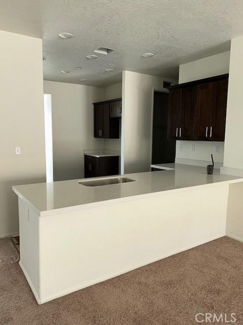 kitchen featuring carpet floors, dark brown cabinetry, a sink, a peninsula, and a textured ceiling