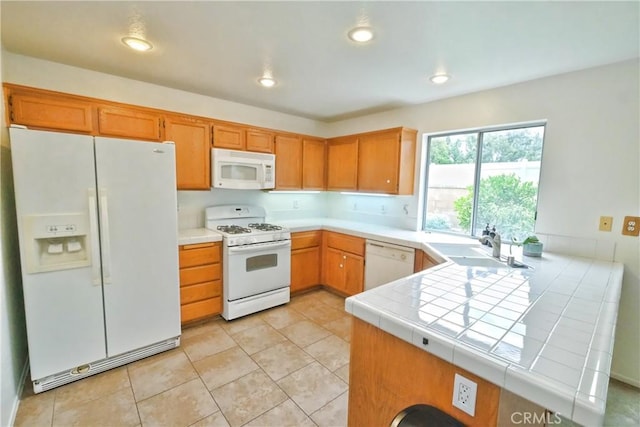 1778 Rockview Way, Pomona, CA 91766 - kitchen featuring white appliances, a sink, tile countertops, a peninsula, and recessed lighting