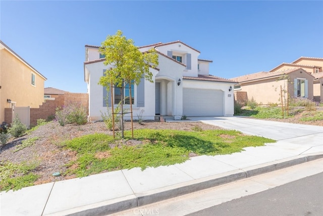 25367 Circle Stone Dr, Menifee, CA 92586 - mediterranean / spanish-style home with concrete driveway, stucco siding, fence, an attached garage, and a tile roof