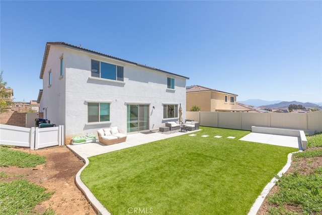25367 Circle Stone Dr, Menifee, CA 92586 - back of house featuring an outdoor hangout area, a patio area, stucco siding, and a mountain view