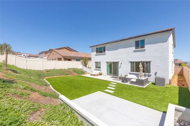 25367 Circle Stone Dr, Menifee, CA 92586 - rear view of house featuring outdoor lounge area, a patio, stucco siding, and central AC