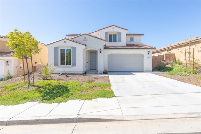 25367 Circle Stone Dr, Menifee, CA 92586 - mediterranean / spanish-style house featuring stucco siding, driveway, a tiled roof, and an attached garage