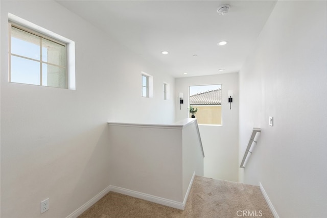 25367 Circle Stone Dr, Menifee, CA 92586 - hallway featuring an upstairs landing, carpet floors, baseboards, and recessed lighting