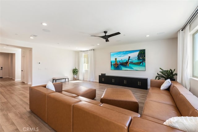 25367 Circle Stone Dr, Menifee, CA 92586 - living room featuring ceiling fan, recessed lighting, light wood finished floors, and baseboards