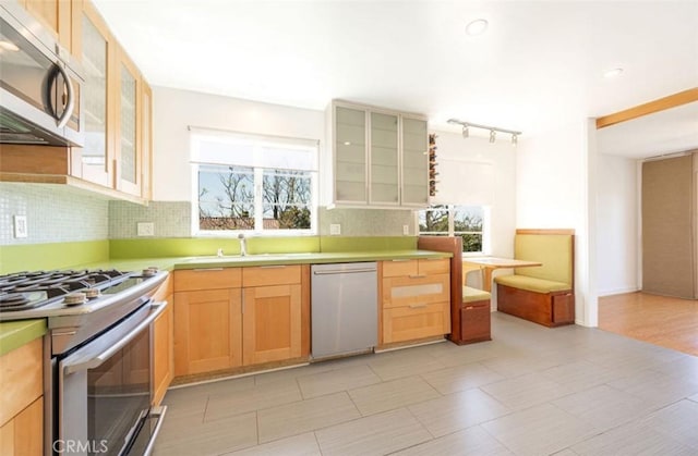 kitchen with appliances with stainless steel finishes, a sink, decorative backsplash, and glass insert cabinets