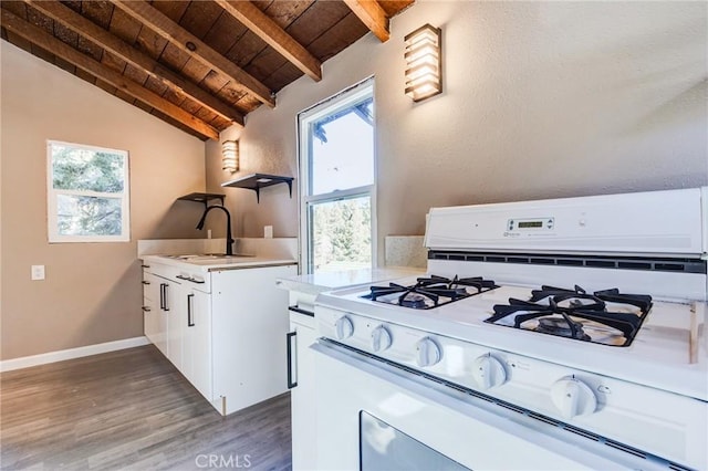 33350 Robin Dr, Green Valley Lake, CA 92341 - kitchen with white gas range, wooden ceiling, a sink, open shelves, and light countertops