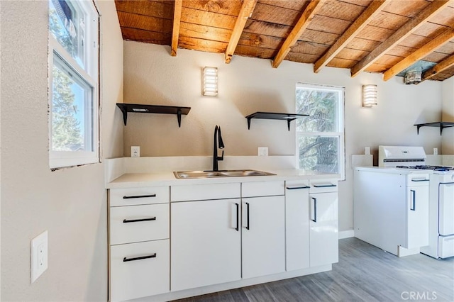 33350 Robin Dr, Green Valley Lake, CA 92341 - kitchen with open shelves, white gas range oven, wooden ceiling, a sink, and beamed ceiling