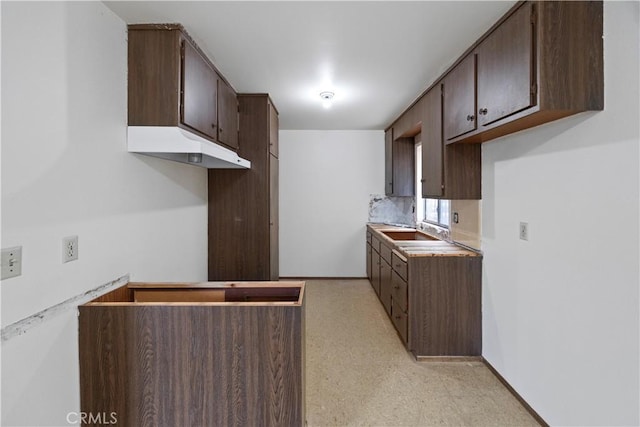 kitchen with under cabinet range hood, dark brown cabinets, a sink, and light countertops
