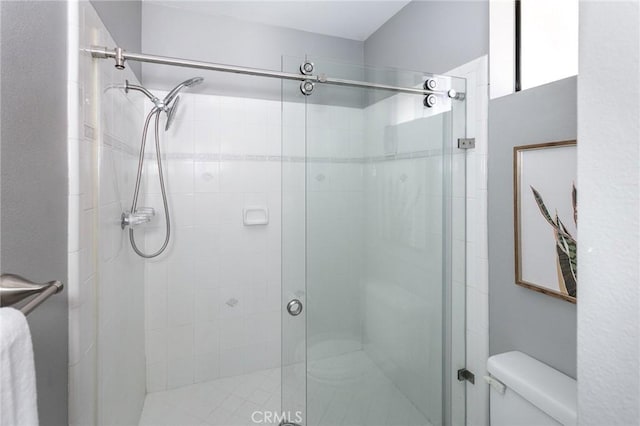 bathroom with a stall shower and toilet