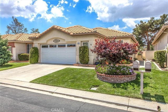 684 Big Spring Dr, Banning, CA 92220 - mediterranean / spanish-style home featuring a garage, stucco siding, concrete driveway, and a tiled roof